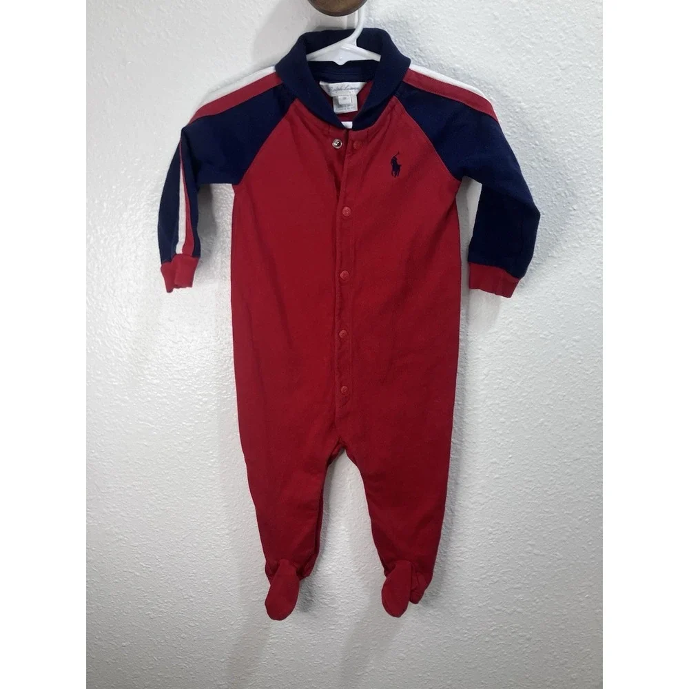Ralph Lauren 9M Baby Boy Shawl-Collar Cotton Coverall Bodysuit Red Blue Pony